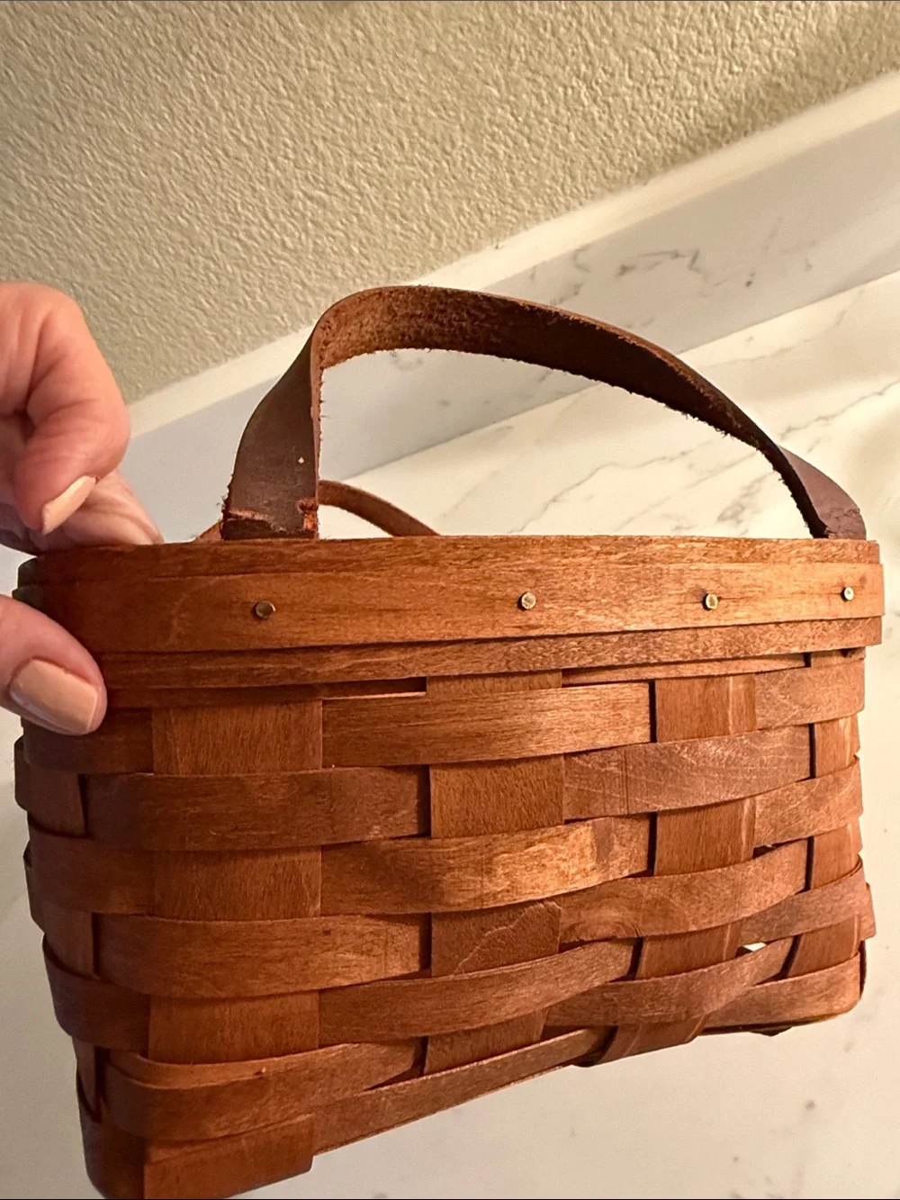 Vintage 19th Century Handwoven Wooden Basket with Leather Handles Signed